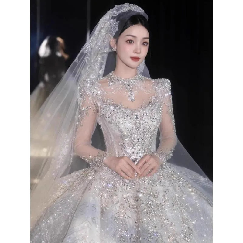 Full Sleeve Wedding Dresses Shinny Wedding Dress Classic