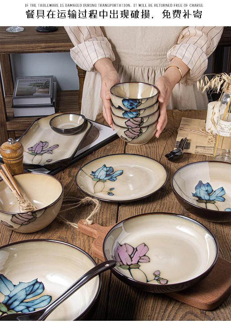 Ceramic Hand-Painted Flowers Creative Dish Plate Japanese