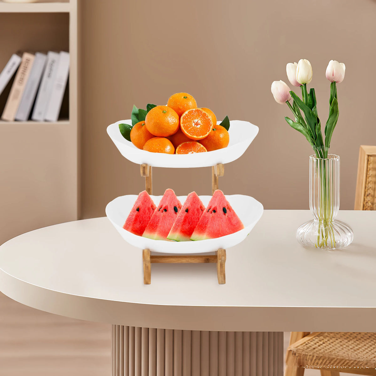 2-Tier Fruit Bowl Bamboo Fruit Basket Stand Food-Grade