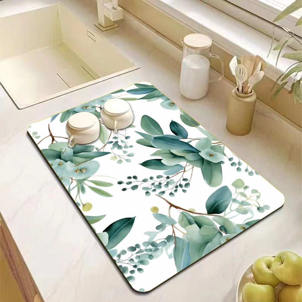 Eucalyptus Leaves Themed Dish Drying Mat Non-Slip Heat-Resistant