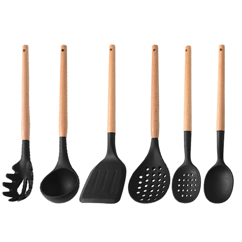 White Silicone Wooden Handle Soup Spoon Spatula Brush