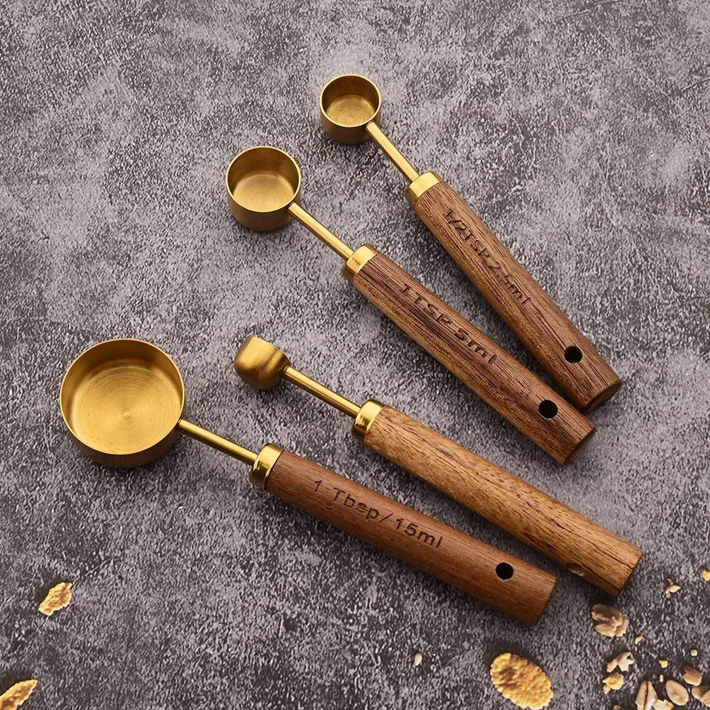 1/4/8pcs Gold Wooden Handle Stainless Steel Measuring Cups
