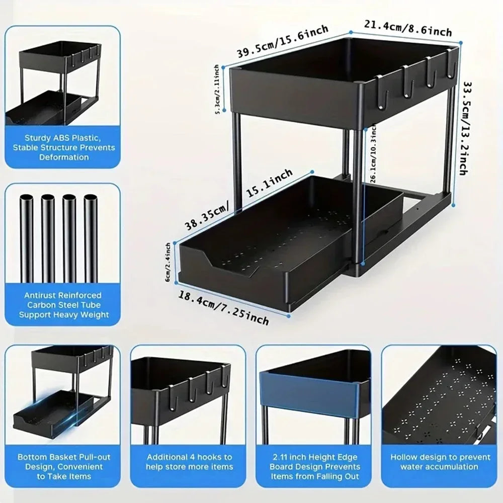 2-Tier Under Sink Organizers Storage Sliding L-Shape Under