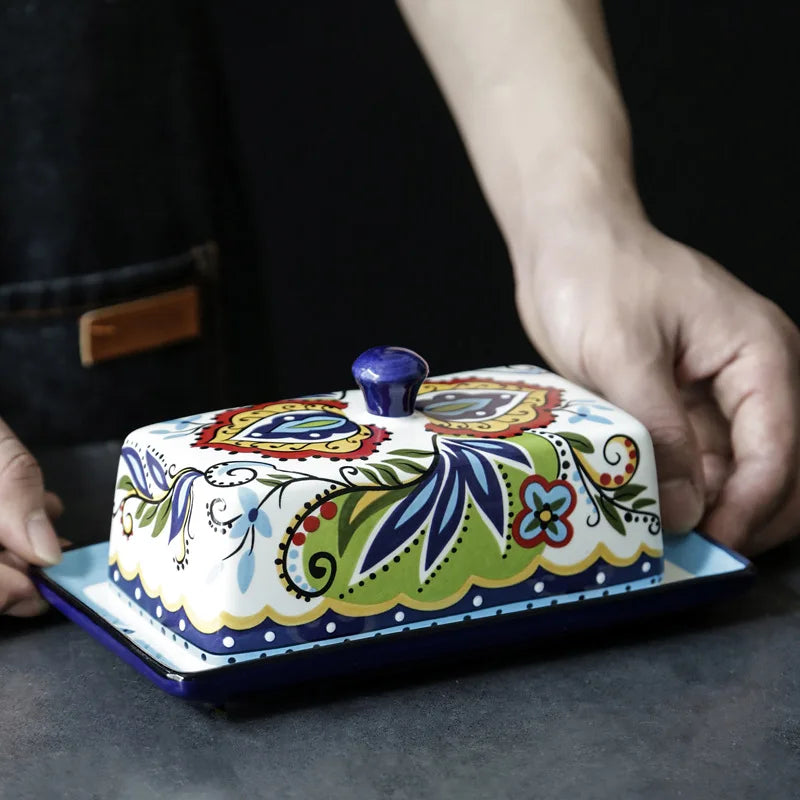 Nodic Style Hand-Painted Ceramic Butter Dish Lid Countertop