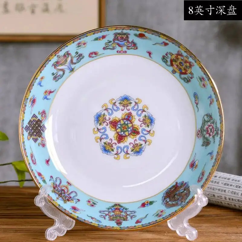 Gold Border Enamel Deep Plate Chinese Bone China
