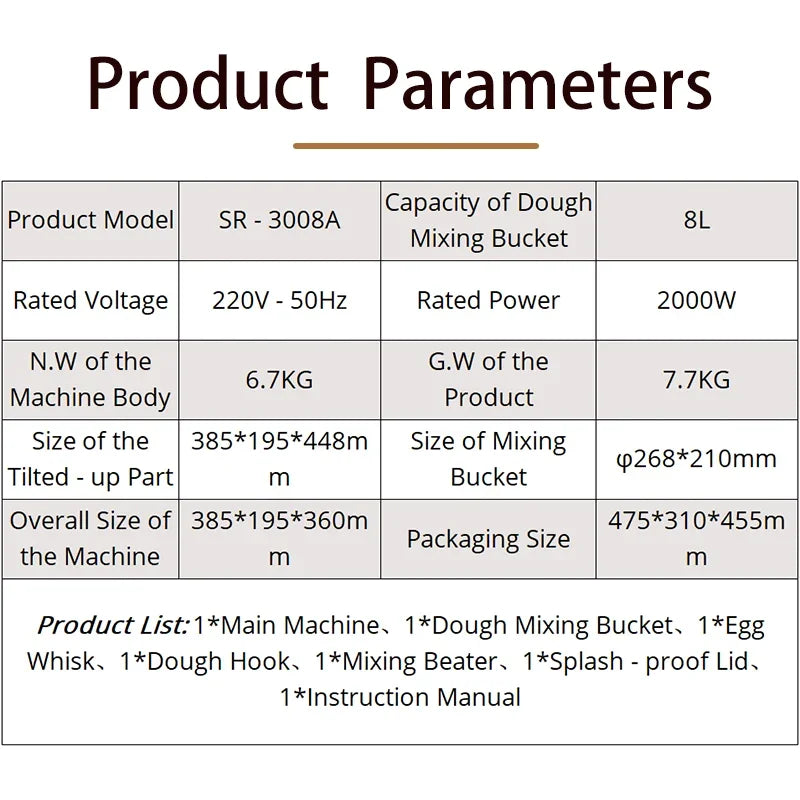 Sunatur 8l Stand Mixer Machine 2000w Electric Blender