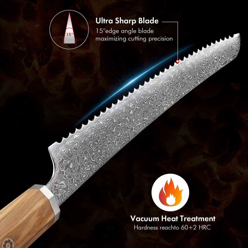 Bread Knife Hand Forged Damascus Steel Japanese Chef