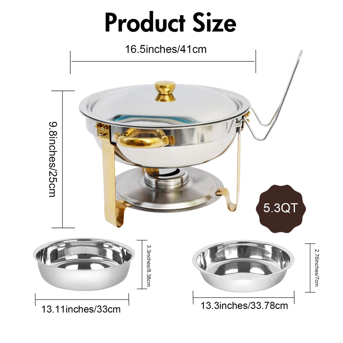 5qt Chafing Dish Buffet Stainless Steel Round Half-Gold