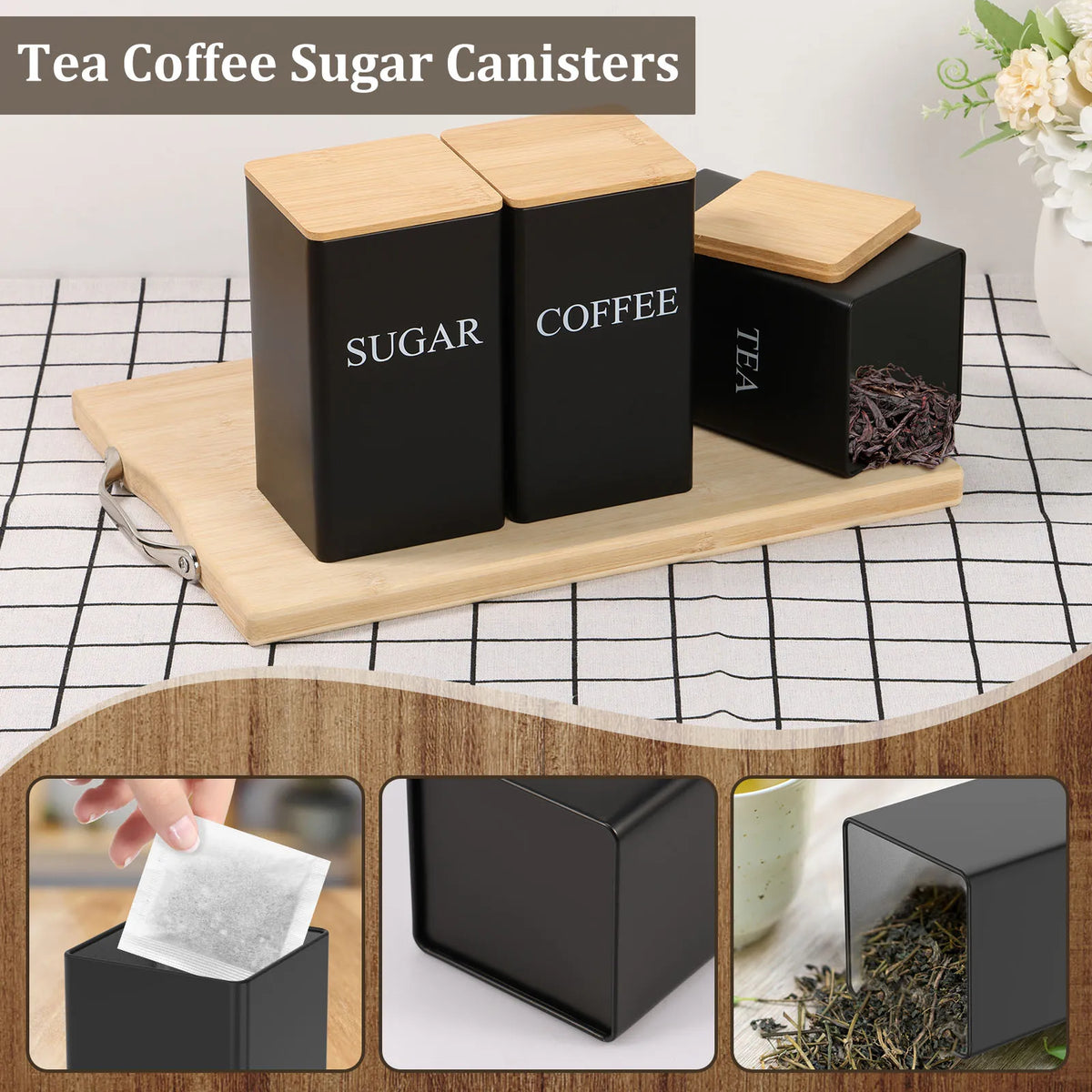 3pcs Coffee Bean Tea Sugar Jars Vacuum Sealed