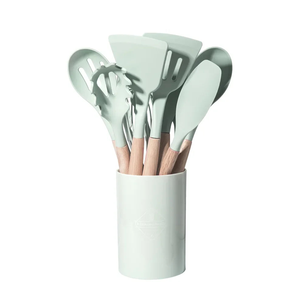 12pcs Of Multi-Color Silicone Wooden Handle Kitchenware Non