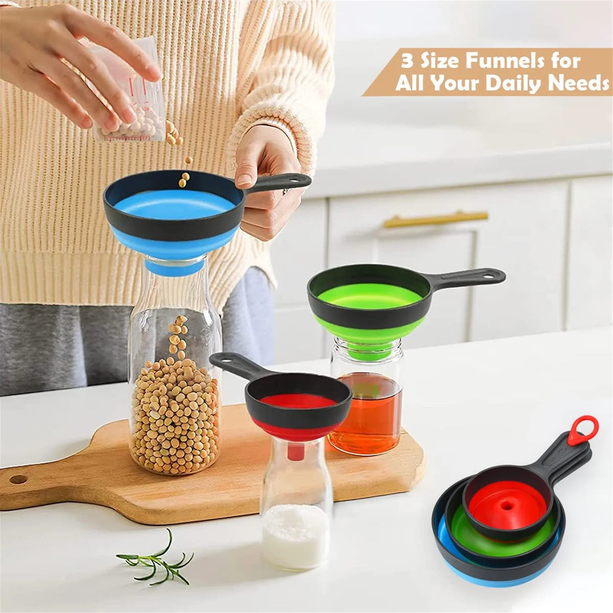 3pcs/Set Folding Telescopic Funnel Wide Mouth Oil Funnel