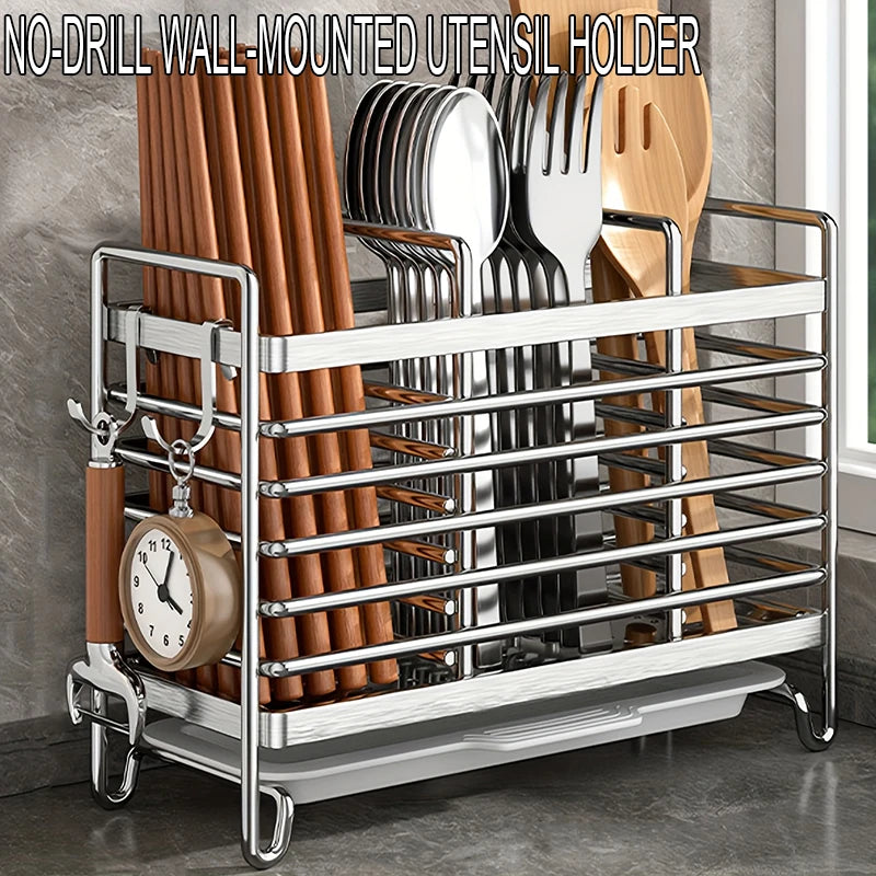 No-Drill Wall Mount Utensil Holder Stainless Steel Organizer