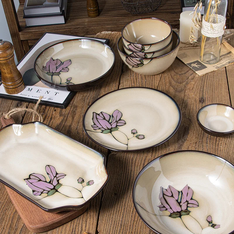 Ceramic Hand-Painted Flowers Creative Dish Plate Japanese