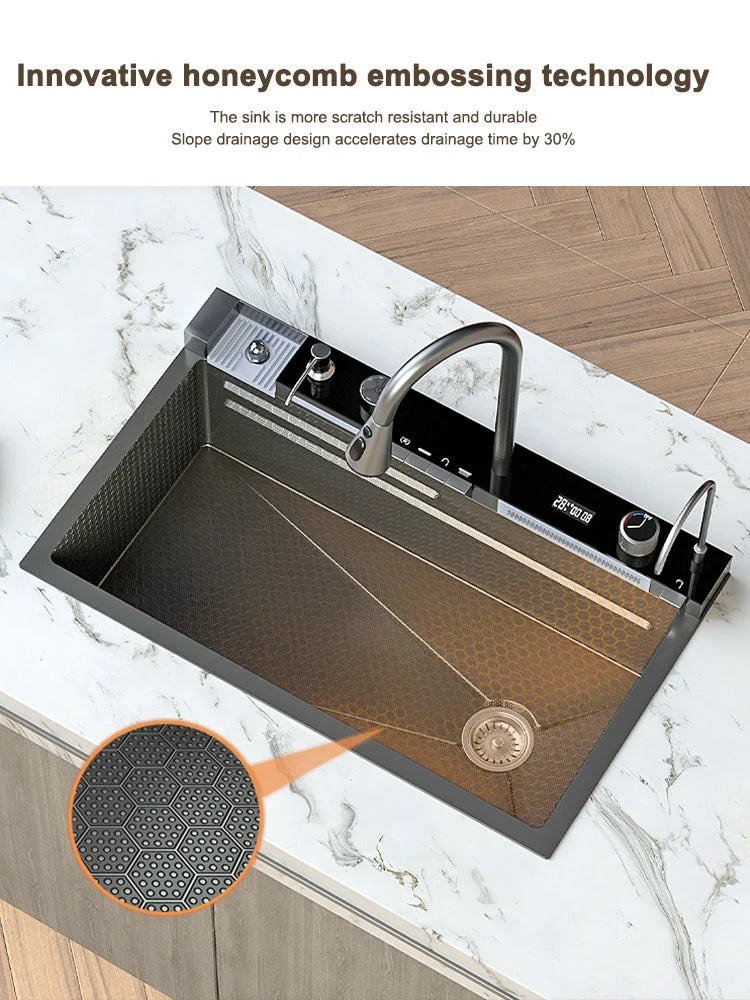 Stainless Steel Sink Large Slot Waterfall Digital Display