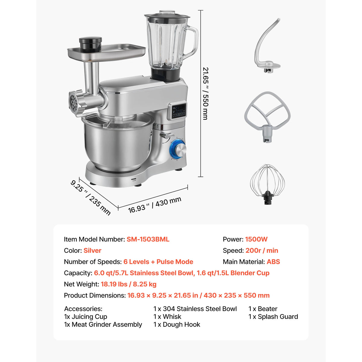 Succebuy 7/6/7 8l Stand Mixe Electric Mixer 1500w