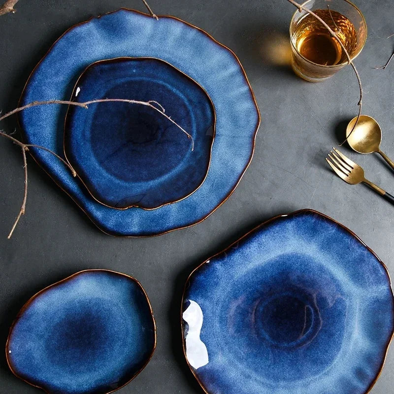 Ceramic Plates Deep Blue Irregular Flat Plate Pottery