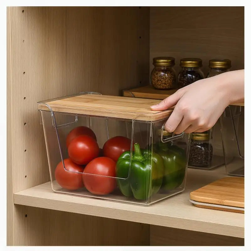 Stackable Pantry Organizers Wooden Lids Storage Clear Bins