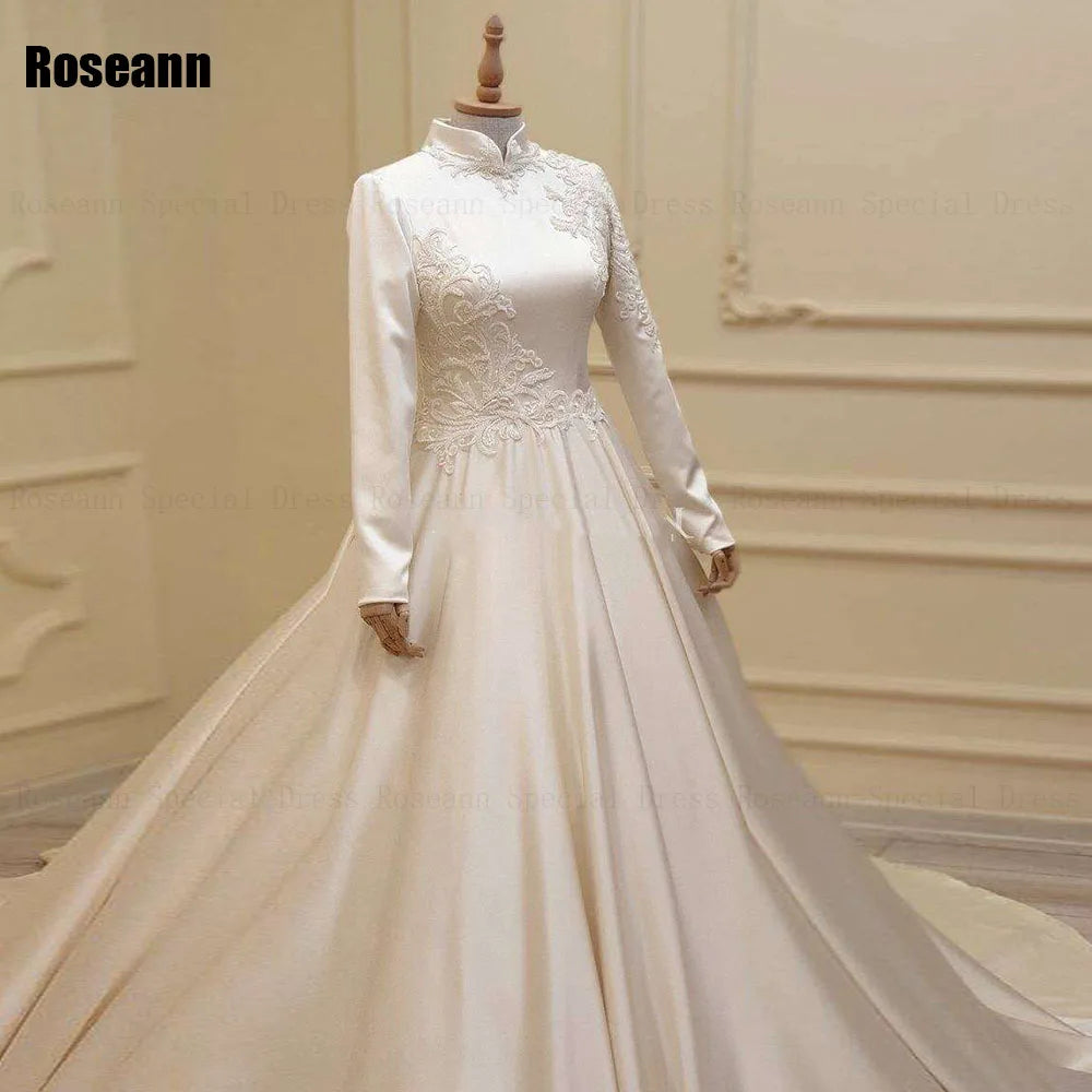 Customized Muslim High Collar A-Line Wedding Dresses Full