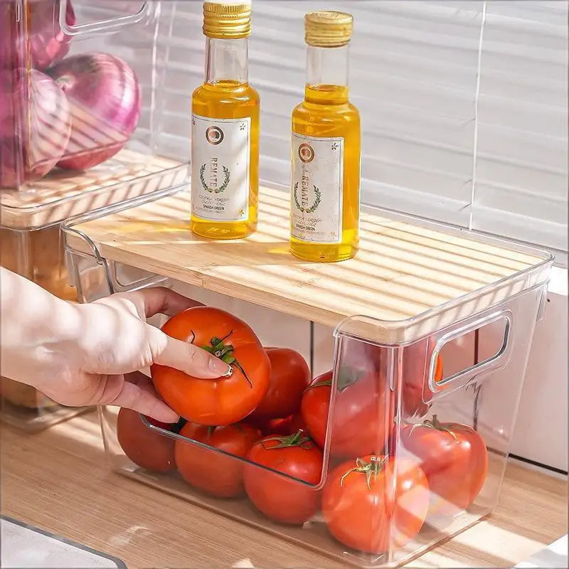 Stackable Pantry Organizers Wooden Lids Storage Clear Bins