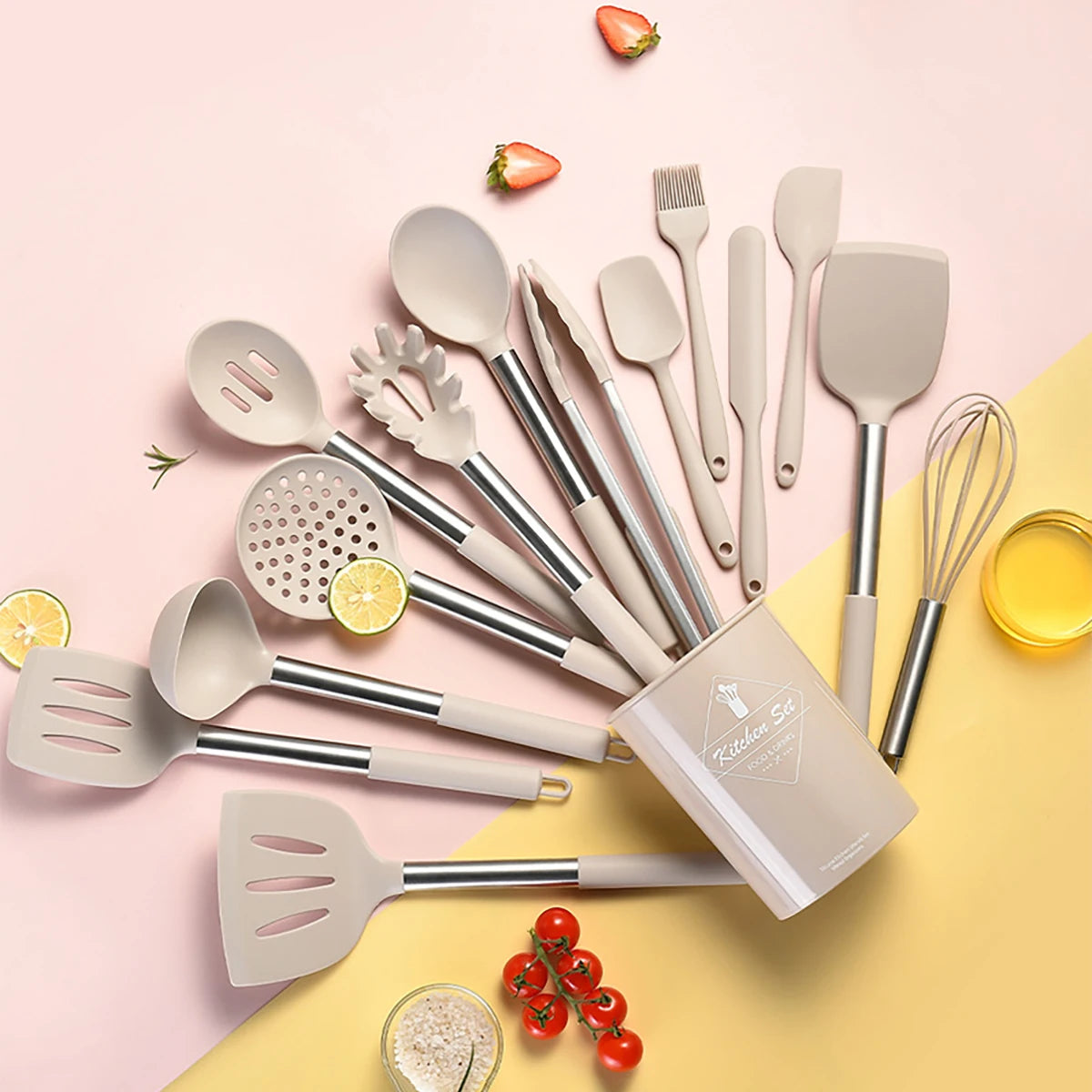 15pcs Silicone Kitchenware Stainless Steel Handle Cooking