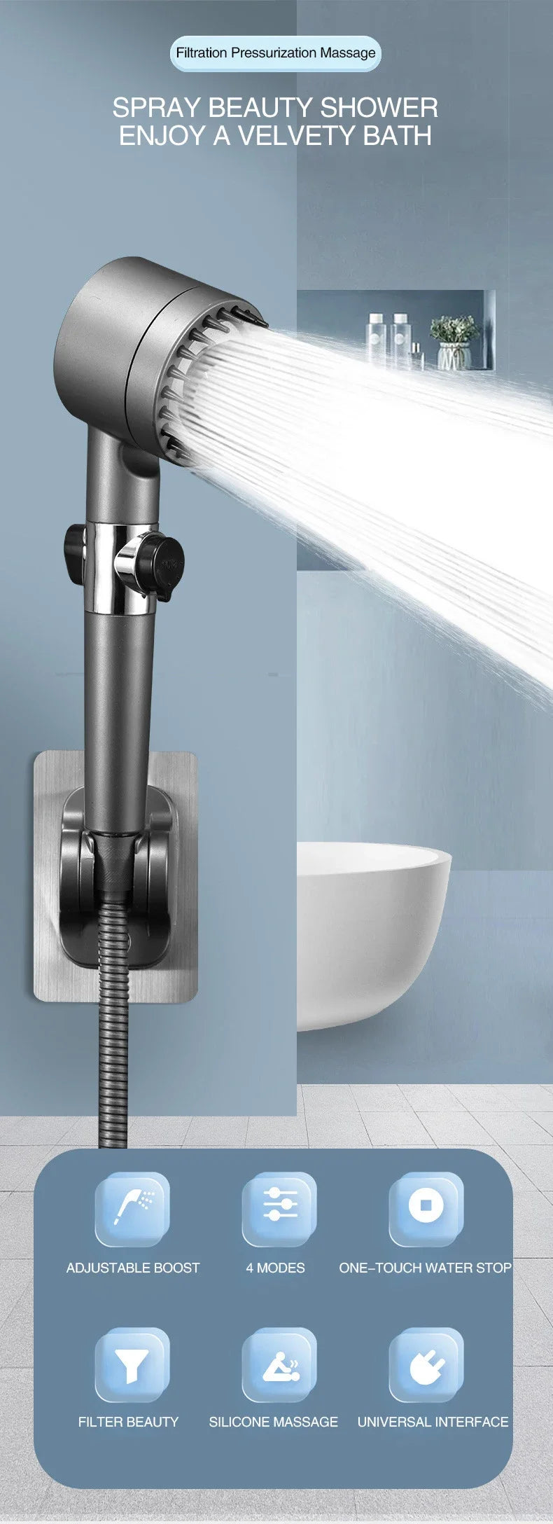 High Pressurized Filter Shower Head 3-Mode Adjustable Spray