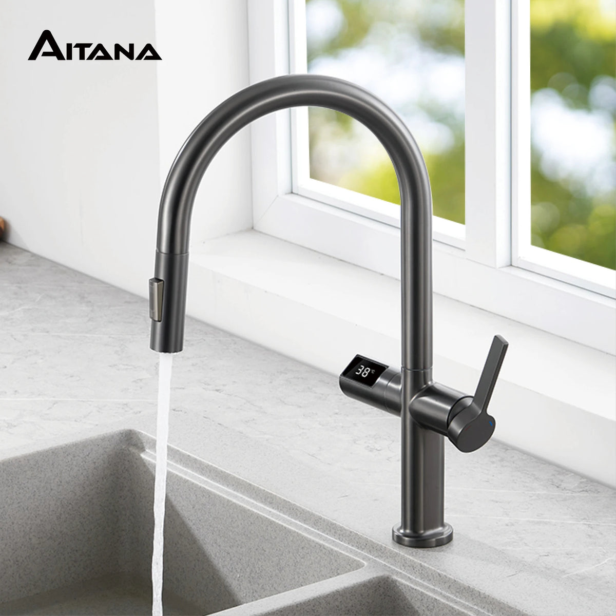 Light Luxury Gun Gray Brass Faucet Digital Display