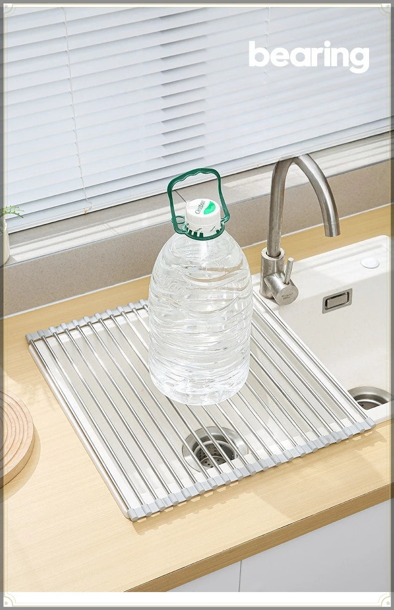 Roll Up Sink Drain Rack Stainless Steel Foldable