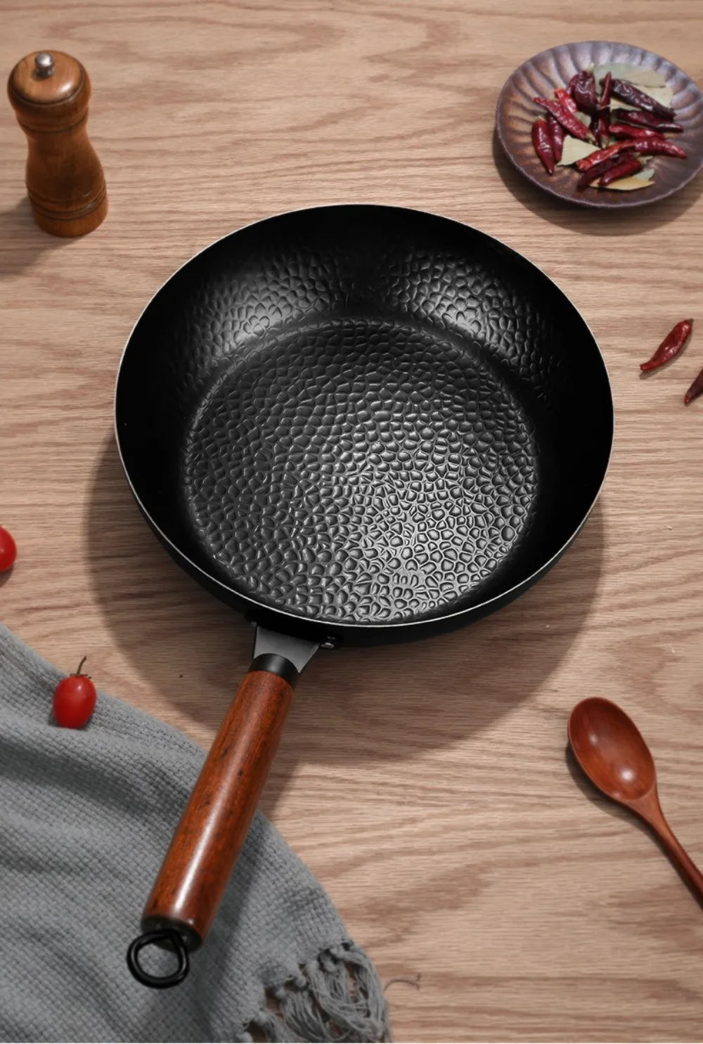 Hand Forged Cast Iron Pan Wooden Handle Uncoated