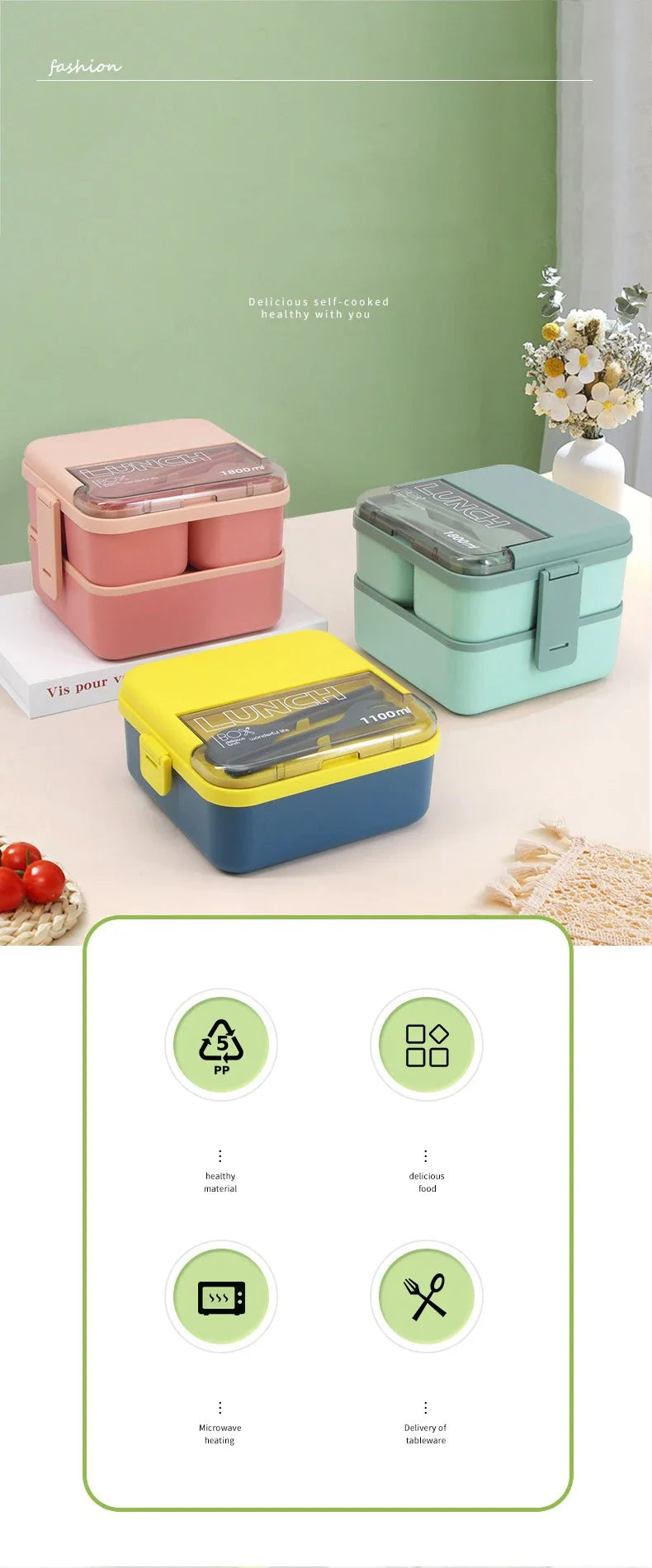 Justinlau 1100/1800ml Layer Compartment Lunch Box Kids Fork