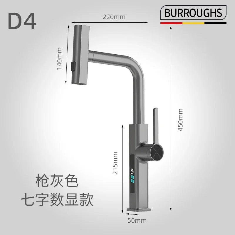 Faucet Cold Digital Display Pull-Out Rotatable Multi-Functional