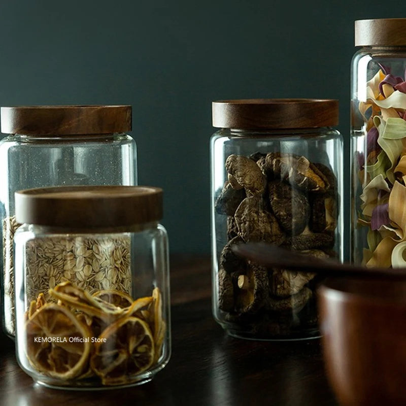 Wood Lid Glass Airtight Canister Storage Bottles Jars