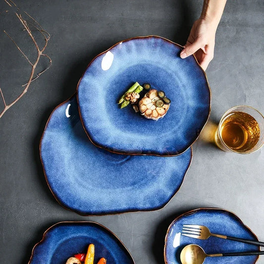Ceramic Plates Deep Blue Irregular Flat Plate Pottery