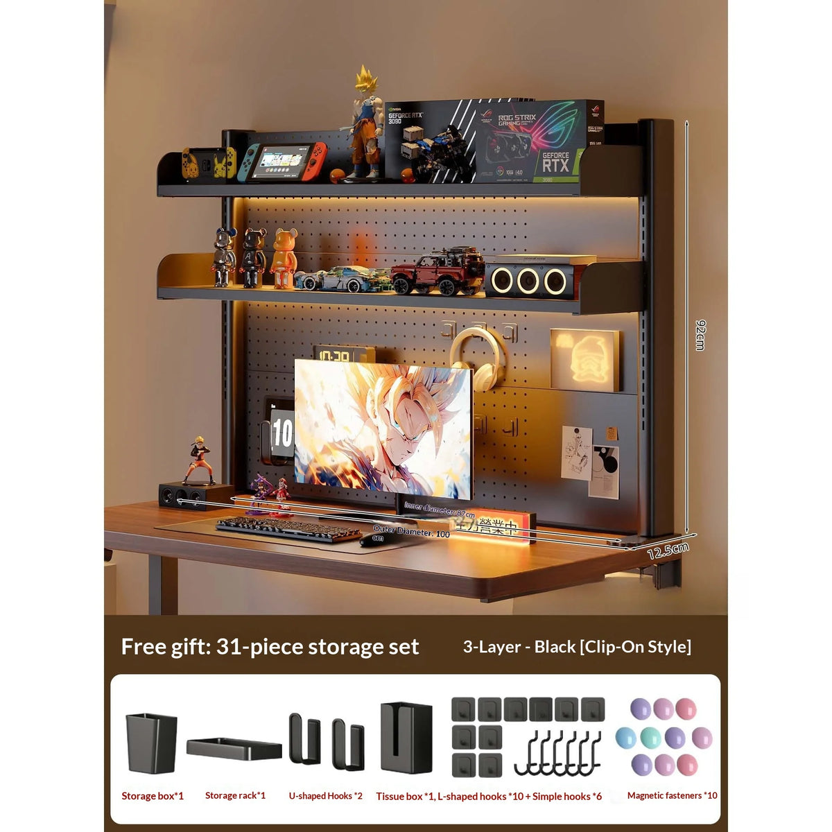 Clamp On Desk Shelf Pegboard Adjustable 2/3 Tier