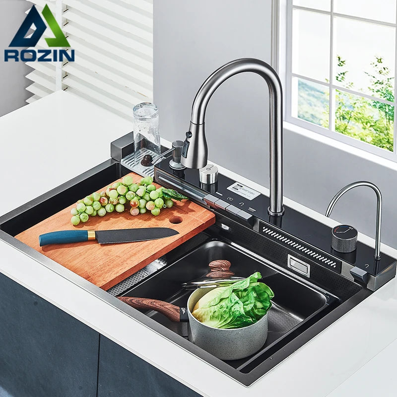 Stainless Steel Sink Faucet Digital Display Large Bowl