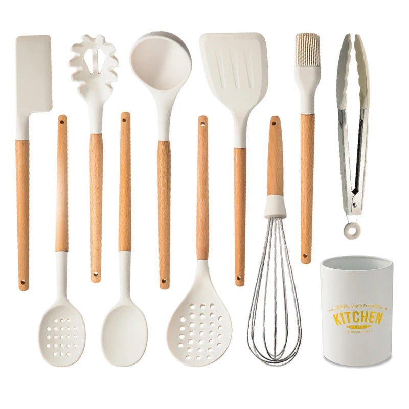 White Silicone Wooden Handle Soup Spoon Spatula Brush