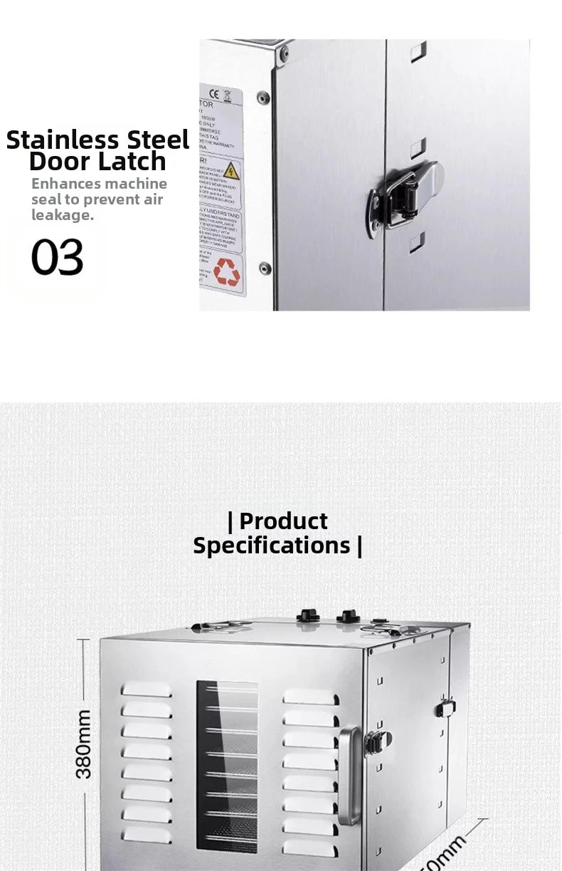 10-Tier Stainless Steel Food Dehydrator Dual Knobs 1000w