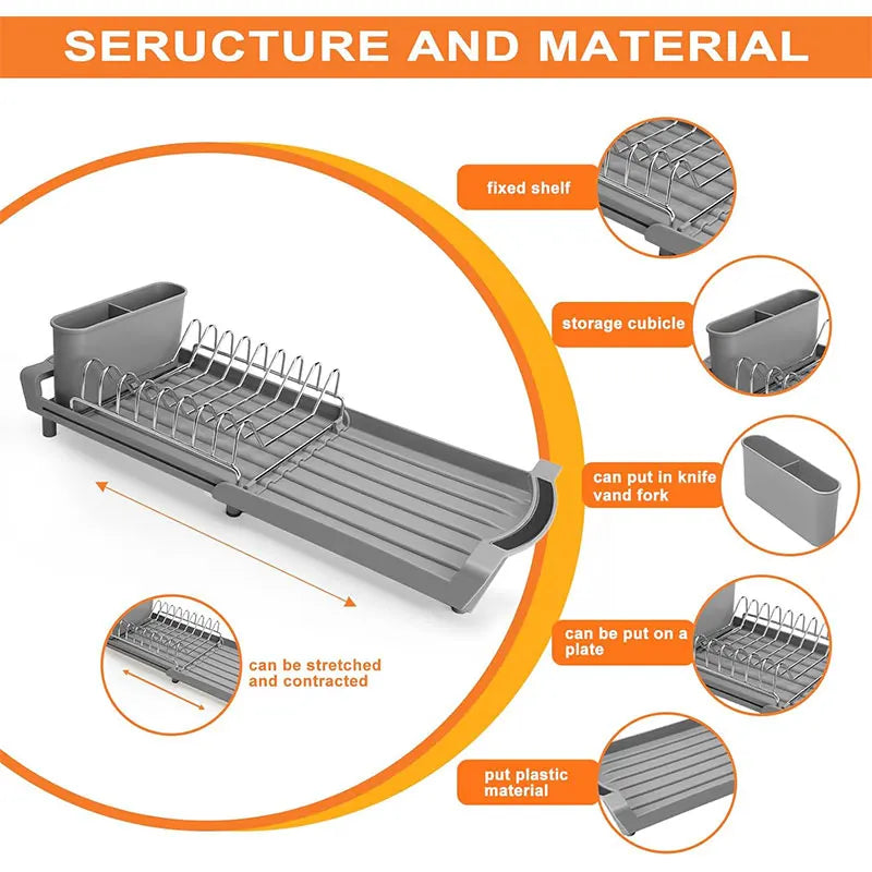 Expandable Dish Drying Rack Cutlery Holder Rust-Resistant Dish