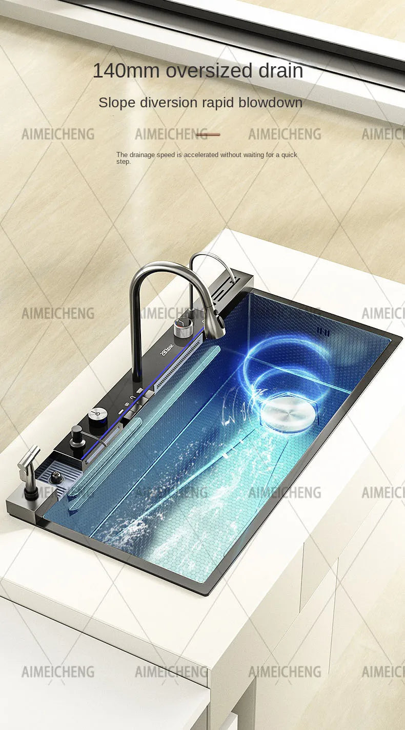 304 Stainless Steel Waterfall Sink Digital Display Large