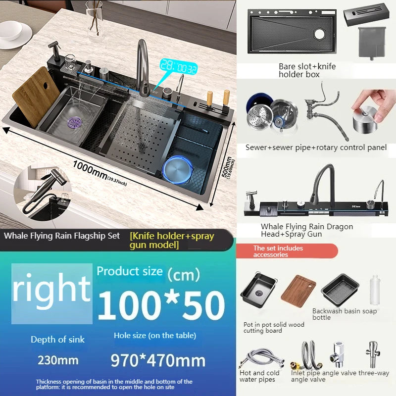 Waterfall Stainless Steel Sink Digital Display Faucet Wash