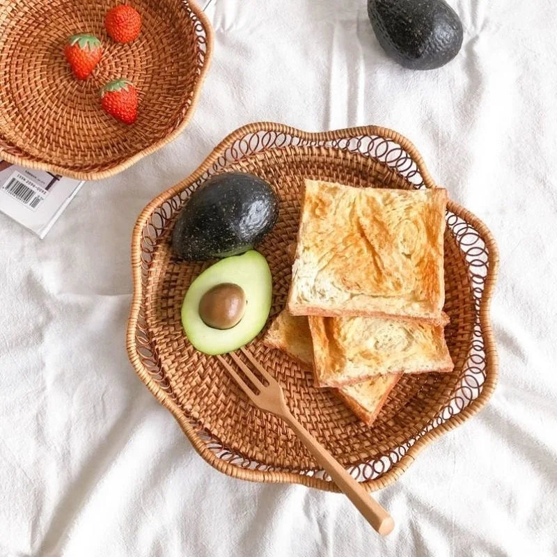 Round Rattan Fruit Basket Wicker Woven Snack Tray