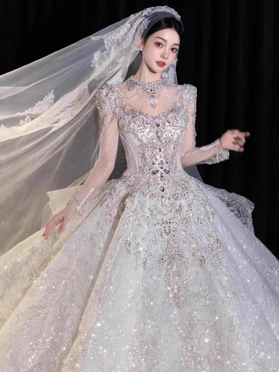 Full Sleeve Wedding Dresses Shinny Wedding Dress Classic