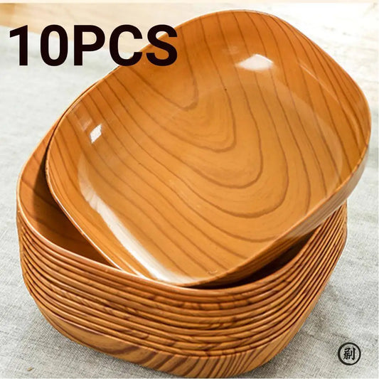 10pcs Japanese-Style Plastic Dish Simple Imitation Wood Grain