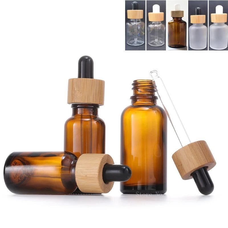 5ml-100ml Dropper Bottle Bamboo Wood Lid Brown Glass