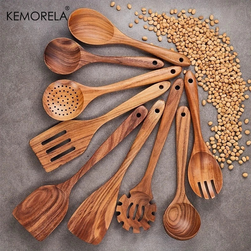 9pcs Acacia Wood Utensils - Natural Wood Cooking