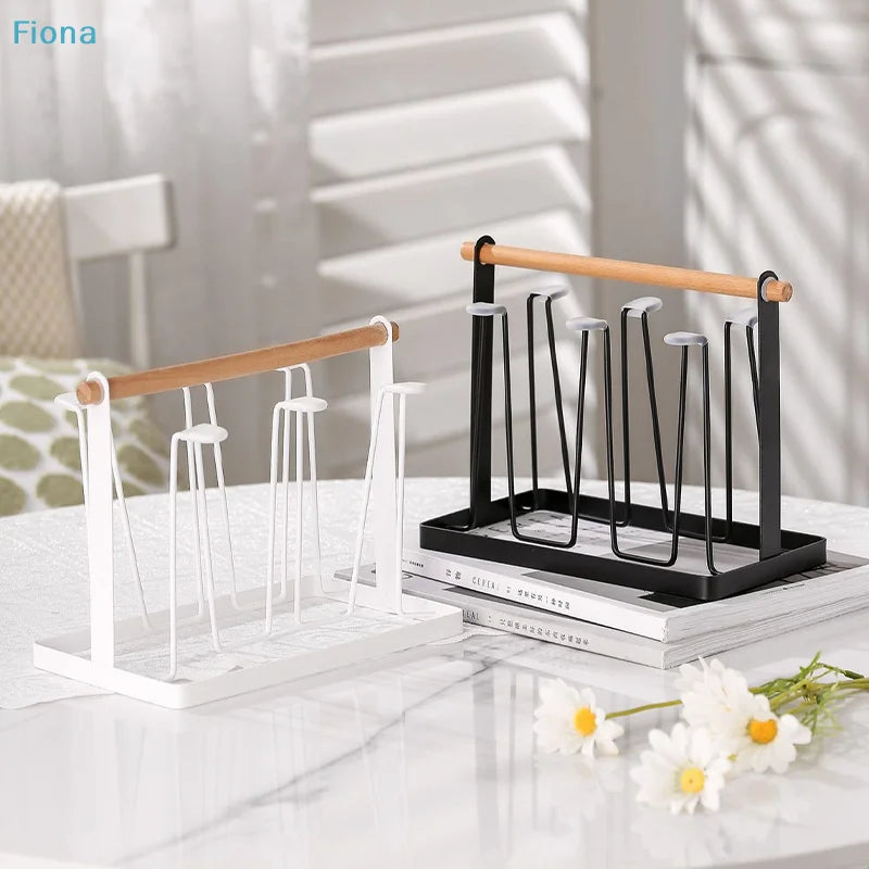 6-Cup Glass Cup Drying Rack Wooden Handle Countertop