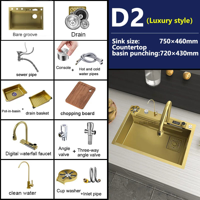 Stainless Steel Golden Sink Waterfall Outlet Slot Piano