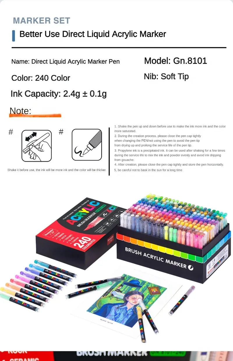 Guangna 12-360 Colors Acrylic Paint Pens Pencil Brush