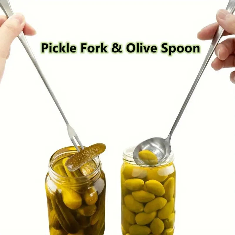 2pcs Stainless Steel Long Handle Pickle Fork Spoon