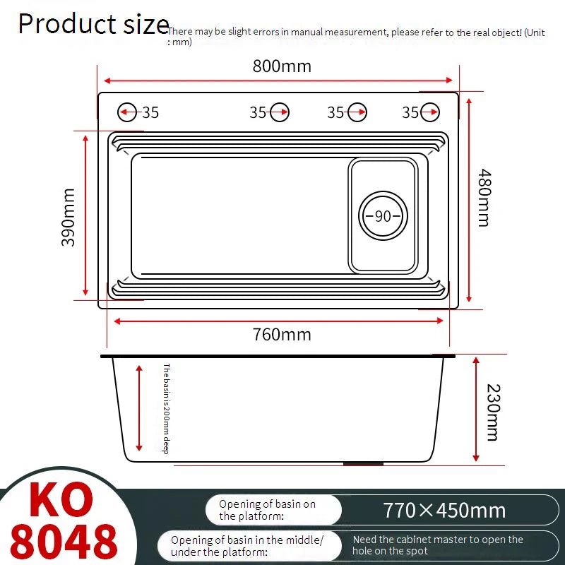 Drop In Sink 304 Stainless Steel Embossed Large