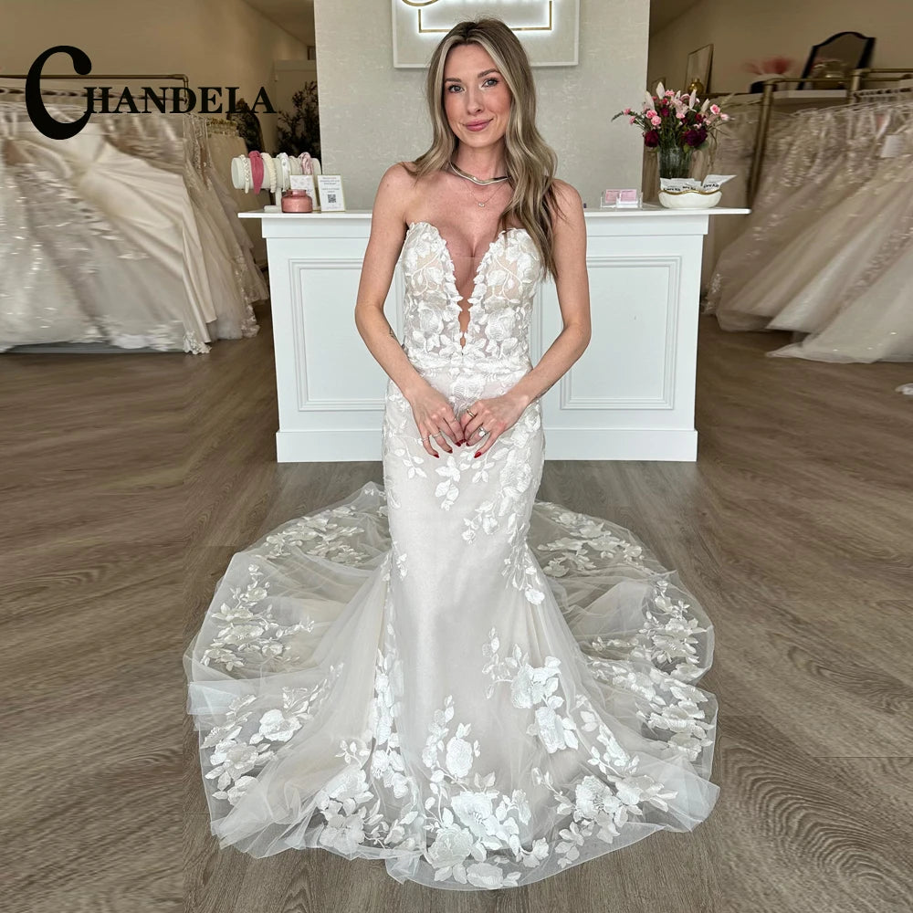Chandela Fairytale V-Neckline Wedding Dress Bridal Lace Appliques